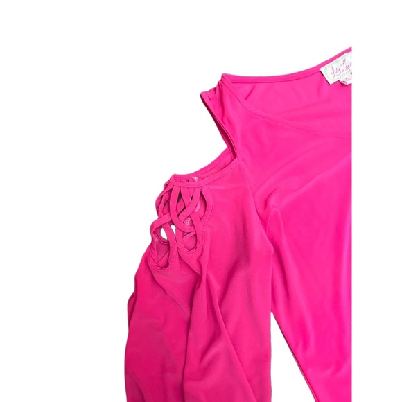 Lily Lane Dress Womens Size M Hot Pink Cold Shoulder Midi Woven Detail Vibrant - Picture 4 of 6